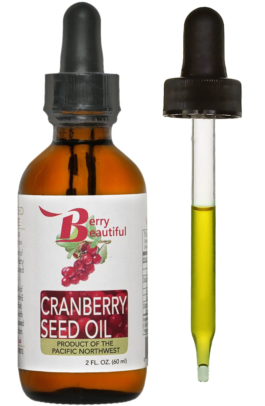 Cranberry Seed Oil - 2 Fl Oz (60 ml) Glass Bottle w/dropper - virgin, unrefined and cold-pressed by Berry Beautiful from US grown cranberry seed