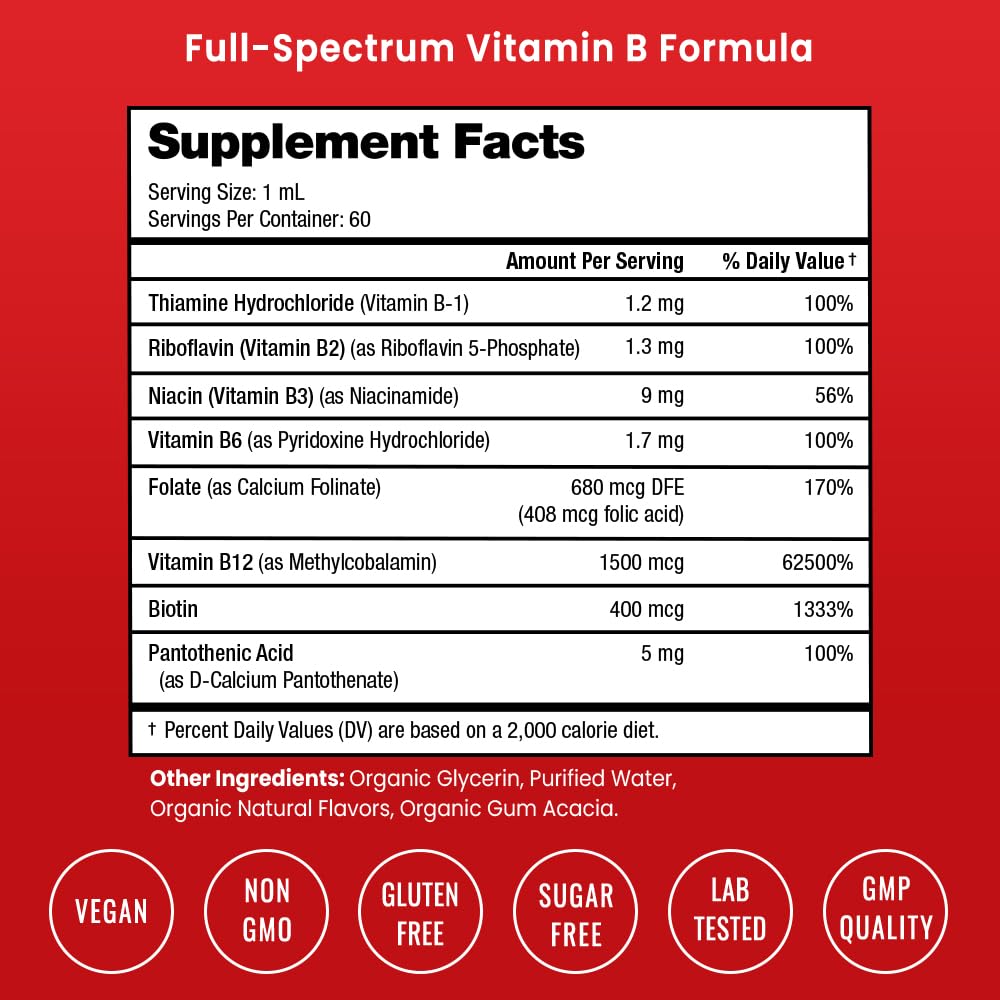 NutraChamps Vitamin B Complex Liquid Drops | B Vitamins Complex Supplement with B1, B2, B3, B6, B7, B9 & Methyl B12 Drops for Adults & Kids | Vegan Berry Flavor 2oz | 60 Servings / 2 Month Supply