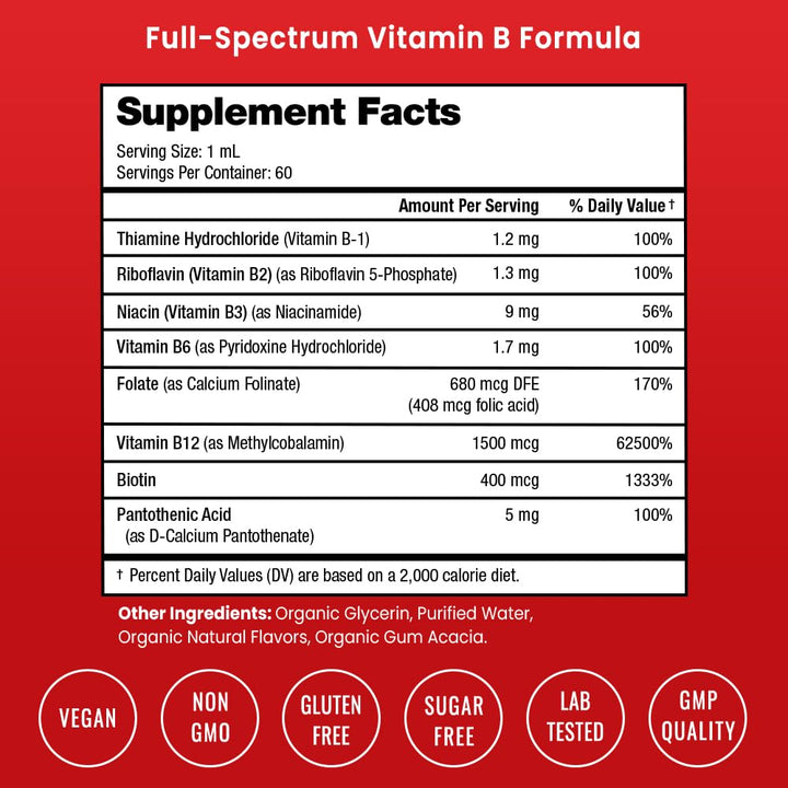 NutraChamps Vitamin B Complex Liquid Drops | B Vitamins Complex Supplement with B1, B2, B3, B6, B7, B9 & Methyl B12 Drops for Adults & Kids | Vegan Berry Flavor 2oz | 60 Servings / 2 Month Supply