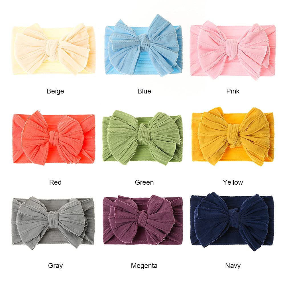 JIAHANG Baby Big Hair Bow Head Wrap, Turban Knotted Knitted Headbands, Soft Silk Stretchy Hair Bands 9PCS for Newborn Infant Toddlers