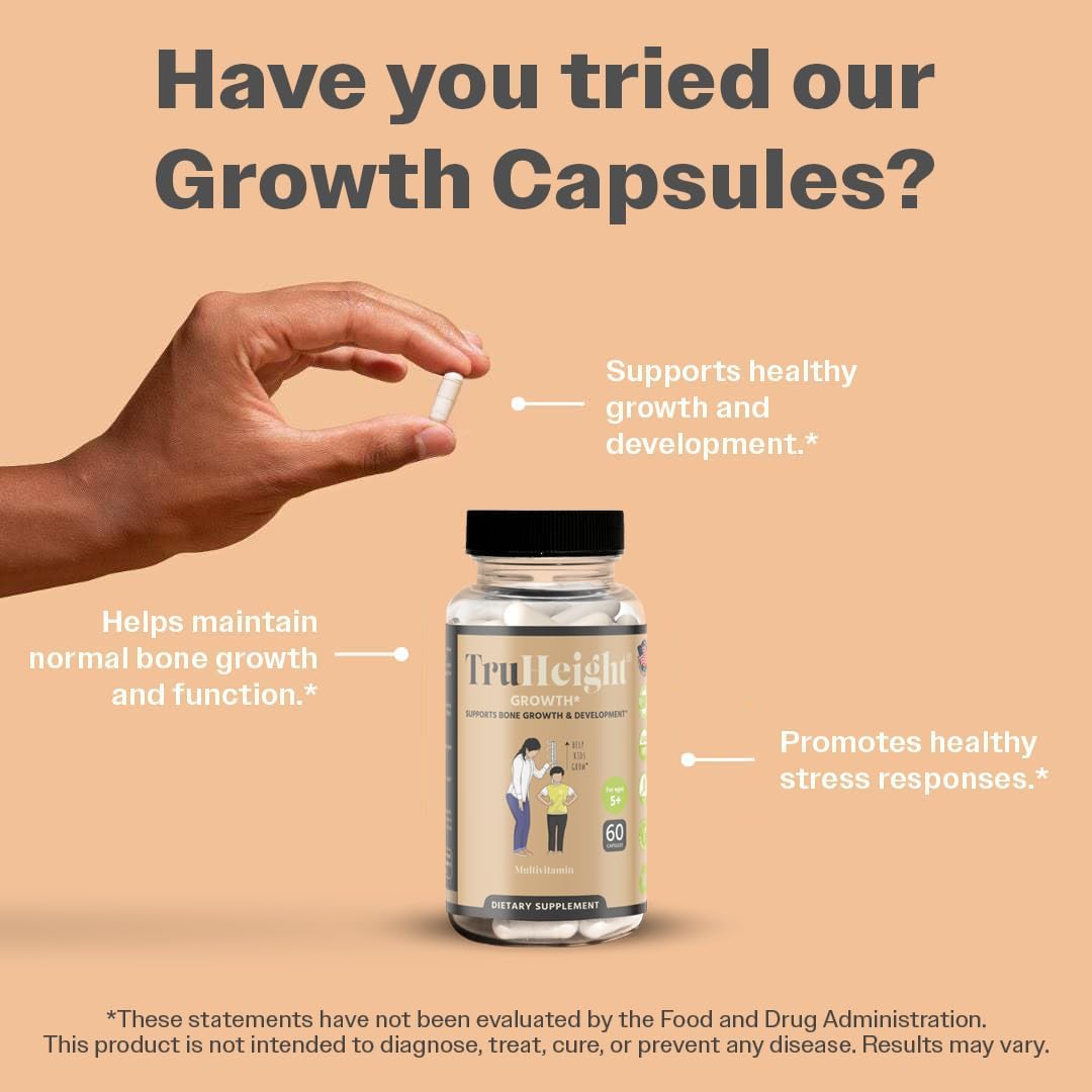 TruHeight Growth Capsules - Natural Growth & Development Supplement for Kids & Teens - Endorsed by Pediatricians - Vitamin D, K, Calcium & Ashwaganda - Bone Strength Capsules - Kids Vitamins - Ages 5+