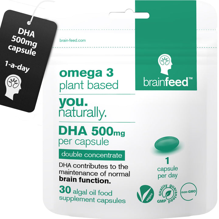 DHA Supplements (30) | Double Concentrate Omega 3 DHA 500mg PER Capsule - 1 a Day| Brain & Eye Health | Vegan DHA - Omega 3 Algae Oil |DHA 1000mg x 2 Capsules | Sustainable DHA Capsules