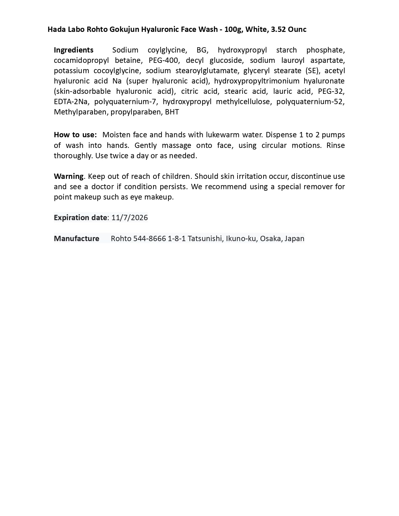 Rohto New Hadalabo Gokujun Hyaluronic Face Wash - 100g by Rohto