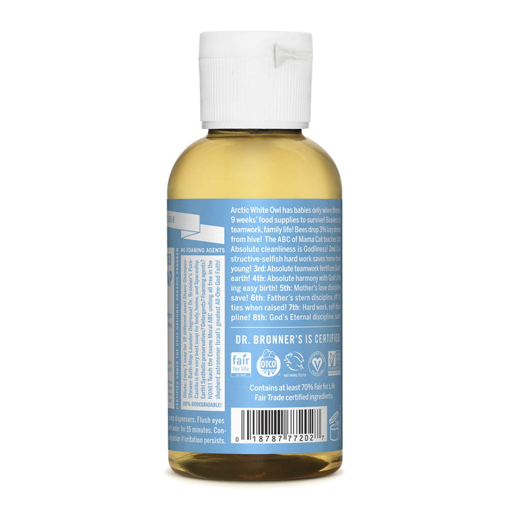 Dr. Bronnerââ‚¬â„¢s - Pure-Castile Liquid Soap (Baby Unscented, Travel Size, 2 ounce) - Made with Organic Oils, 18-in-1 Uses: Face, Body, Hair, Laundry, Pets and Dishes, Concentrated, Vegan, Non-GMO