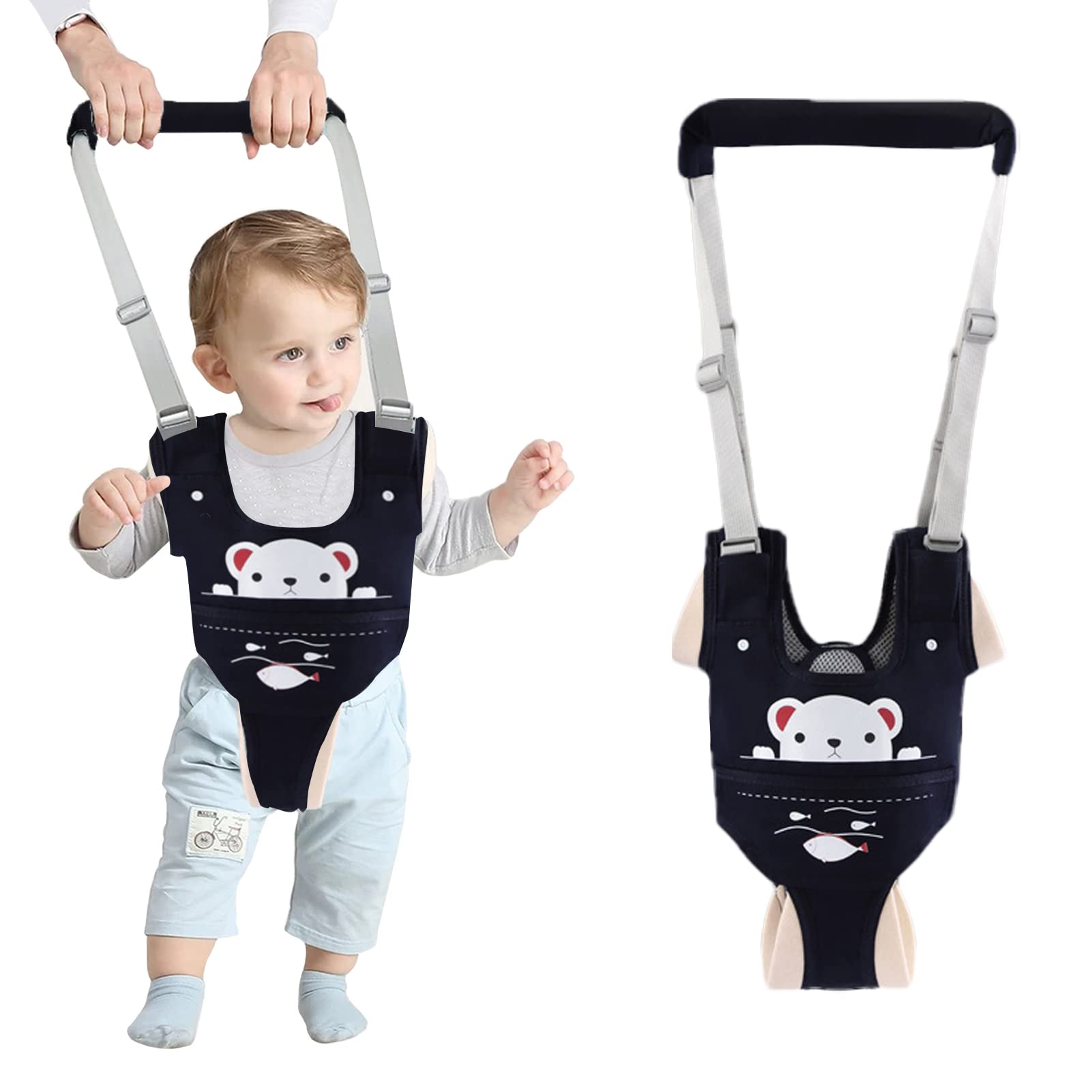 Ocanoiy Baby Walking Harness Handheld Baby Walker Assistant Belt Adjustable Toddler Infant Safety Harnesses Standing Up Walking Learning Helper with Detachable Crotch for 9-24 Month Old (Dark Blue)