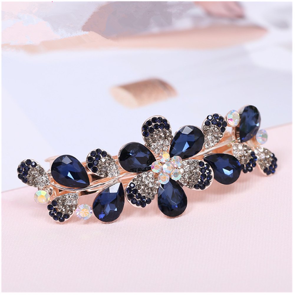 Casualfashion Women Girls Crystal Rhinestone Flower Pattern Hair Spring Clip Hairpin Sweet Hair Accessories (Dark Blue)