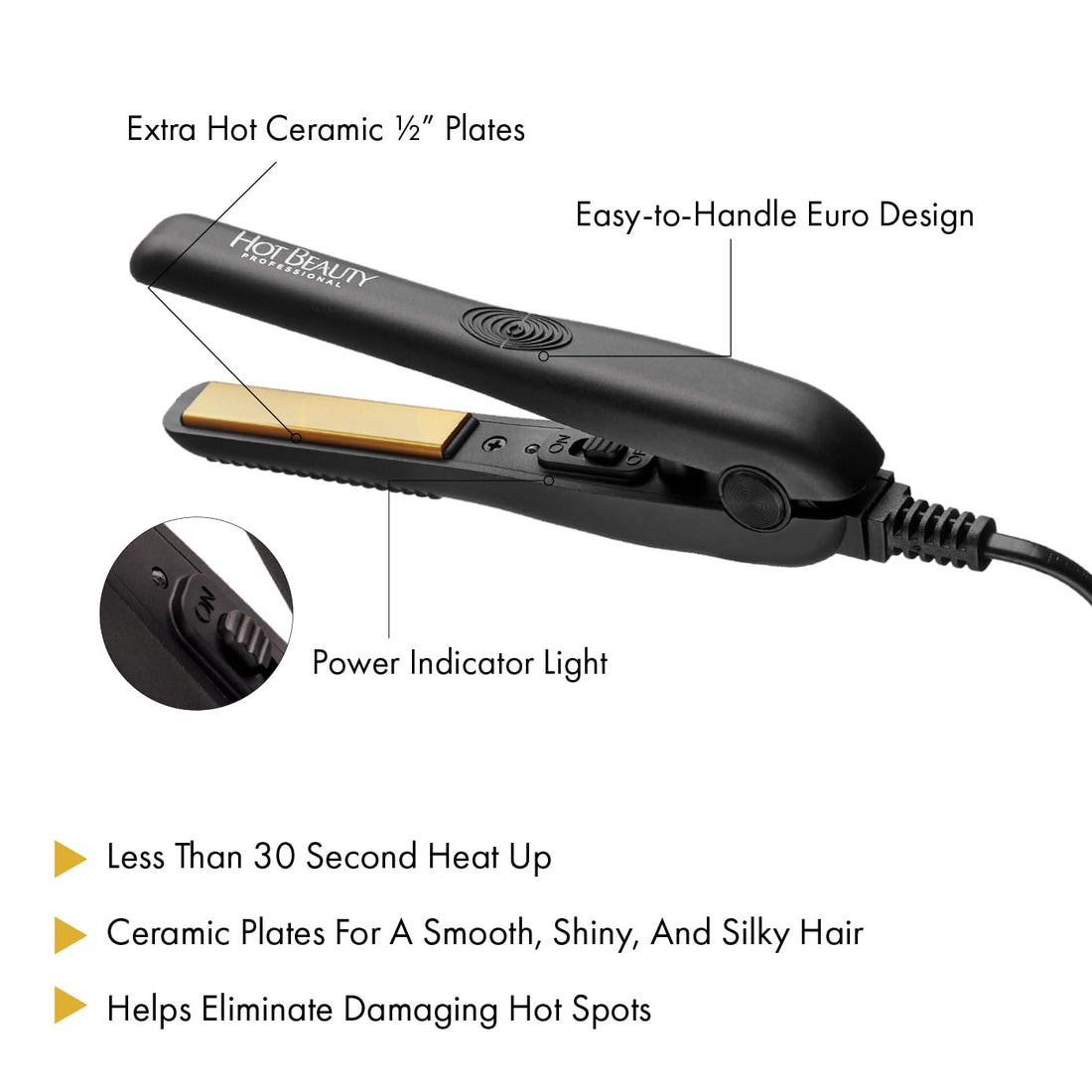 Hot Beauty Professional Ceramic Mini Flat Iron 1/2 Anti-Frizz Extreme Smooth- (Black HFIM050NB)