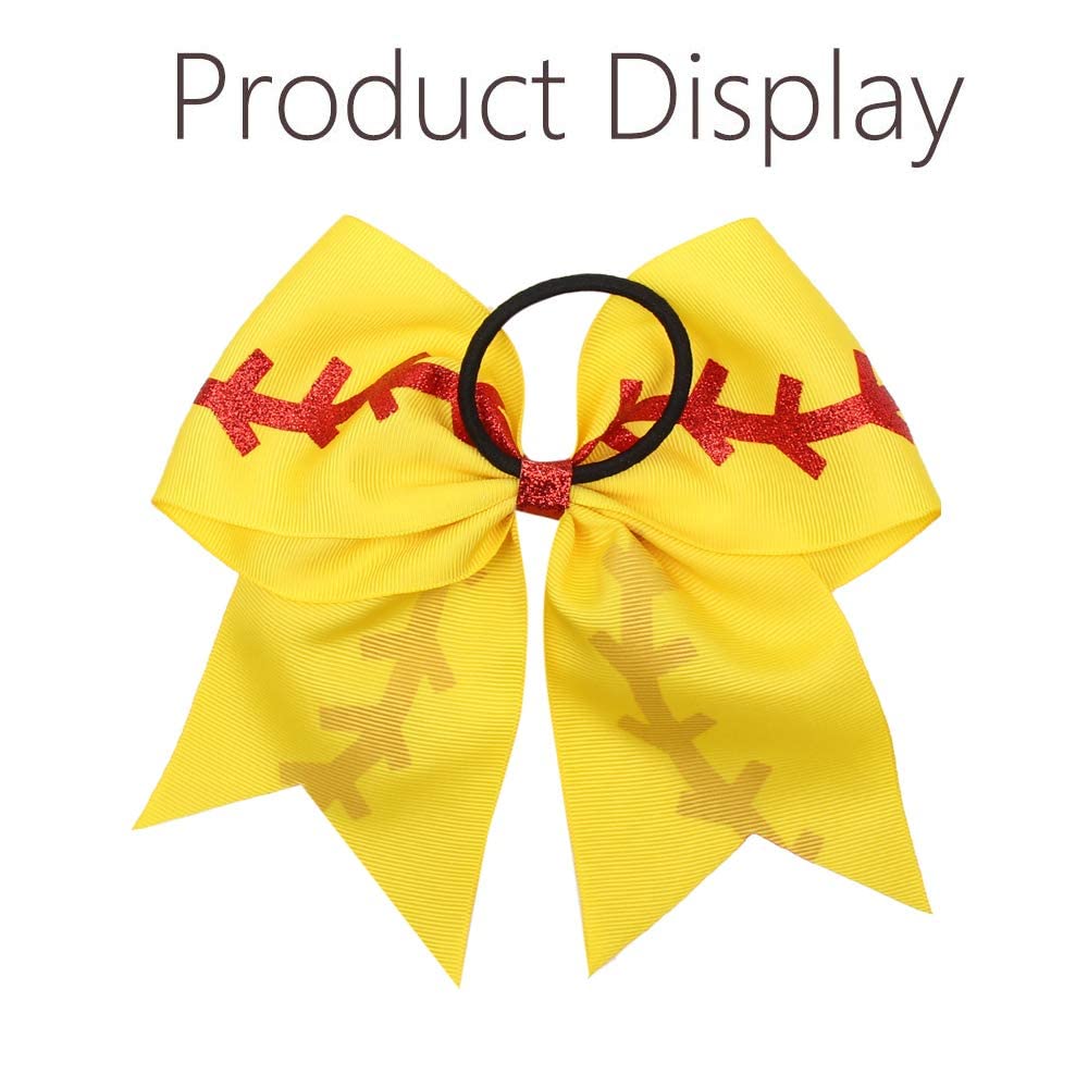 16PCS 8 Large Cheer Hair Bows Ponytail Holder Elastic Band Handmade for Cheerleading Teen Girls College Sports (16 Pcs) (Baseball Yellow)