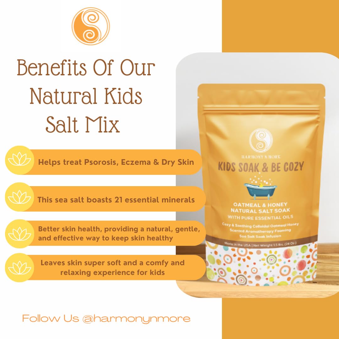 Harmony N More Oatmeal Honey Kids Bath Salts - Organic Bath Soak for Baby Essentials, Natural Bath Salt, Soothing & Gentle Skin Care for Babies, Toddlers, and Children - 24oz.