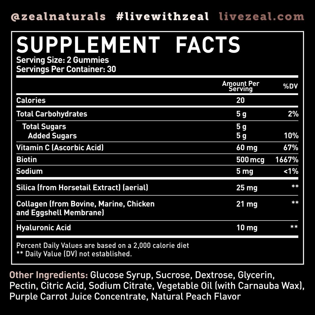 Multi Collagen Peptide Gummies (1, 2, 3, 5 & 10) + Vitamin C + Biotin + Hyaluronic Acid | Supports Healthy Hair, Skin, and Nails | Non-GMO and Gluten-Free | Natural Peach Flavor | 60 Gummies