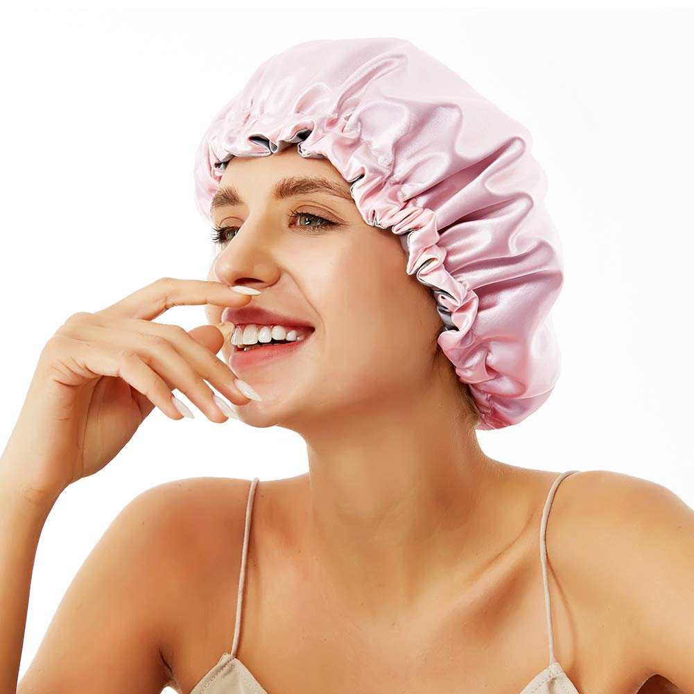 ELIHAIR Night Sleep Satin Cap for Women Girls Natural Hair Extra Large Satin Bonnet Cover Double Side Satin Cap Pink/Silvery Grey