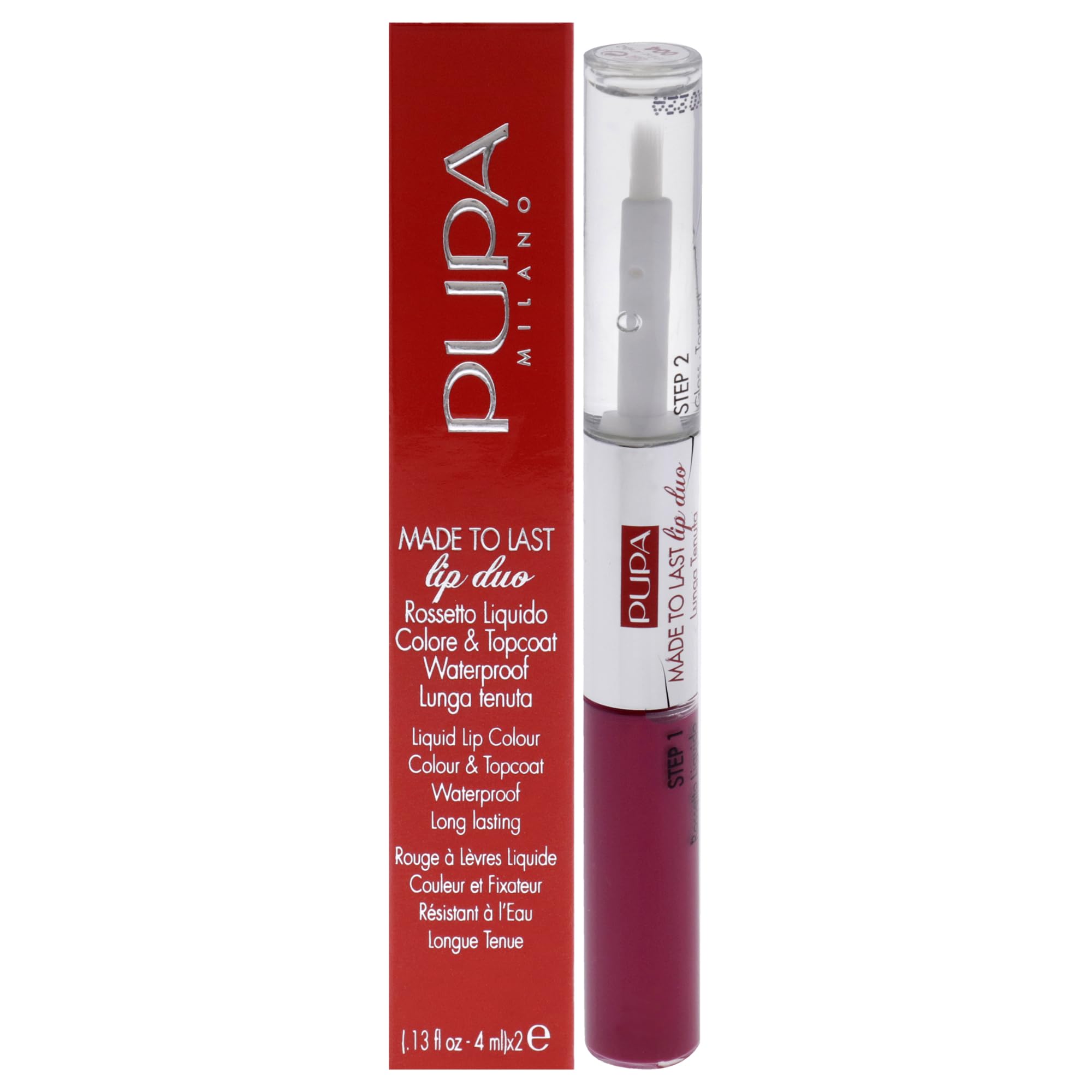Pupa Milano Made To Last Lip Duo - Comfortable Liquid Lip Color with Top Coat - Waterproof - Long Lasting Hold - Ultra Shiny, Latex Effect Make-Up Result - 004 Geranium Fuchsia - 0.13 Oz