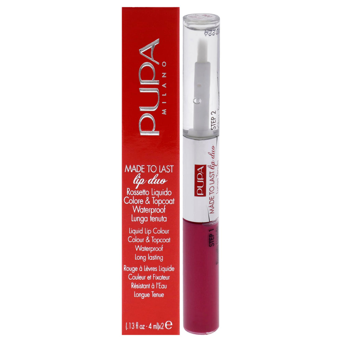 Pupa Milano Made To Last Lip Duo - Comfortable Liquid Lip Color with Top Coat - Waterproof - Long Lasting Hold - Ultra Shiny, Latex Effect Make-Up Result - 004 Geranium Fuchsia - 0.13 Oz