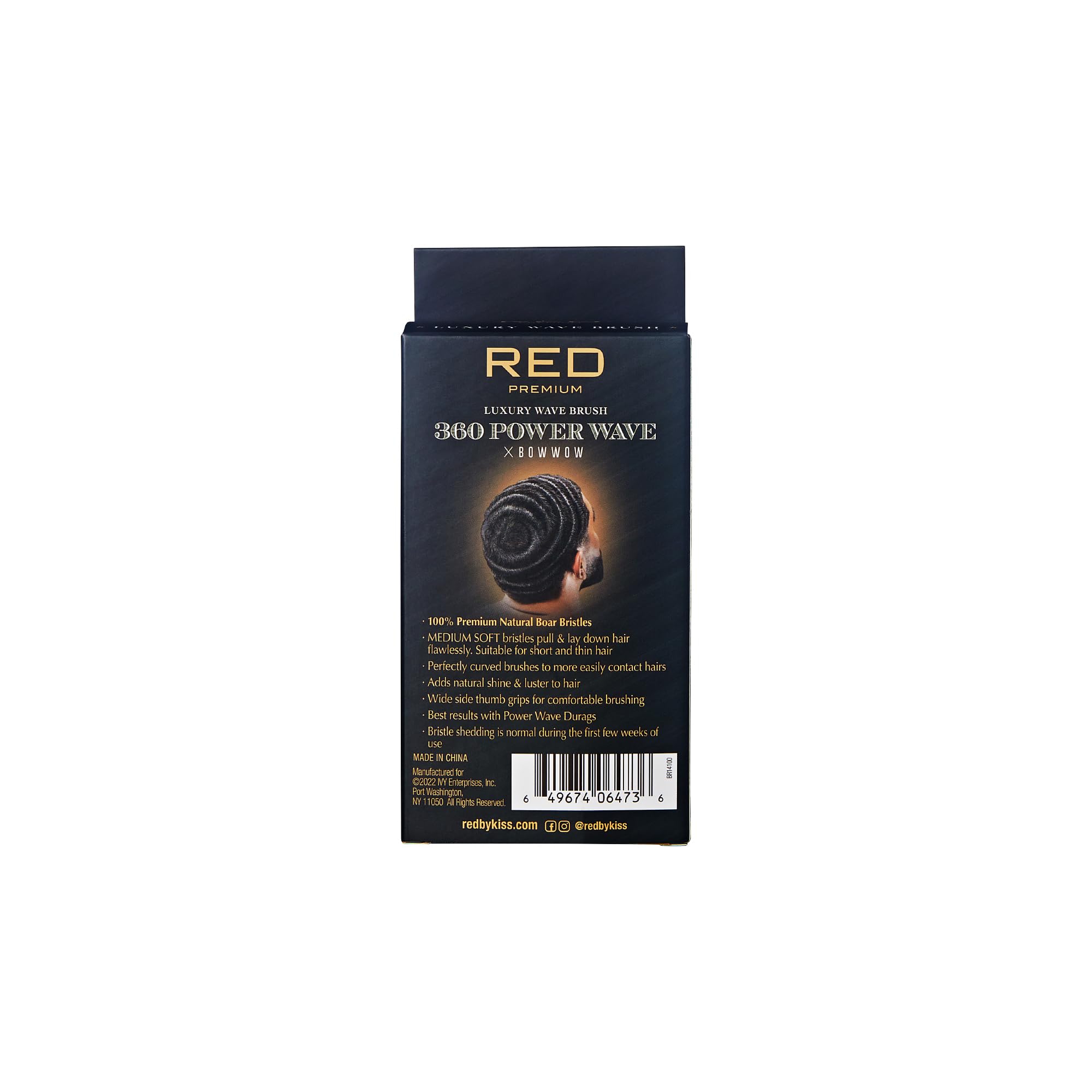RED by KISS 360 Power Wave X Bow Wow Curved Palm Boar Brush 100% Natural Medium Soft Bristles