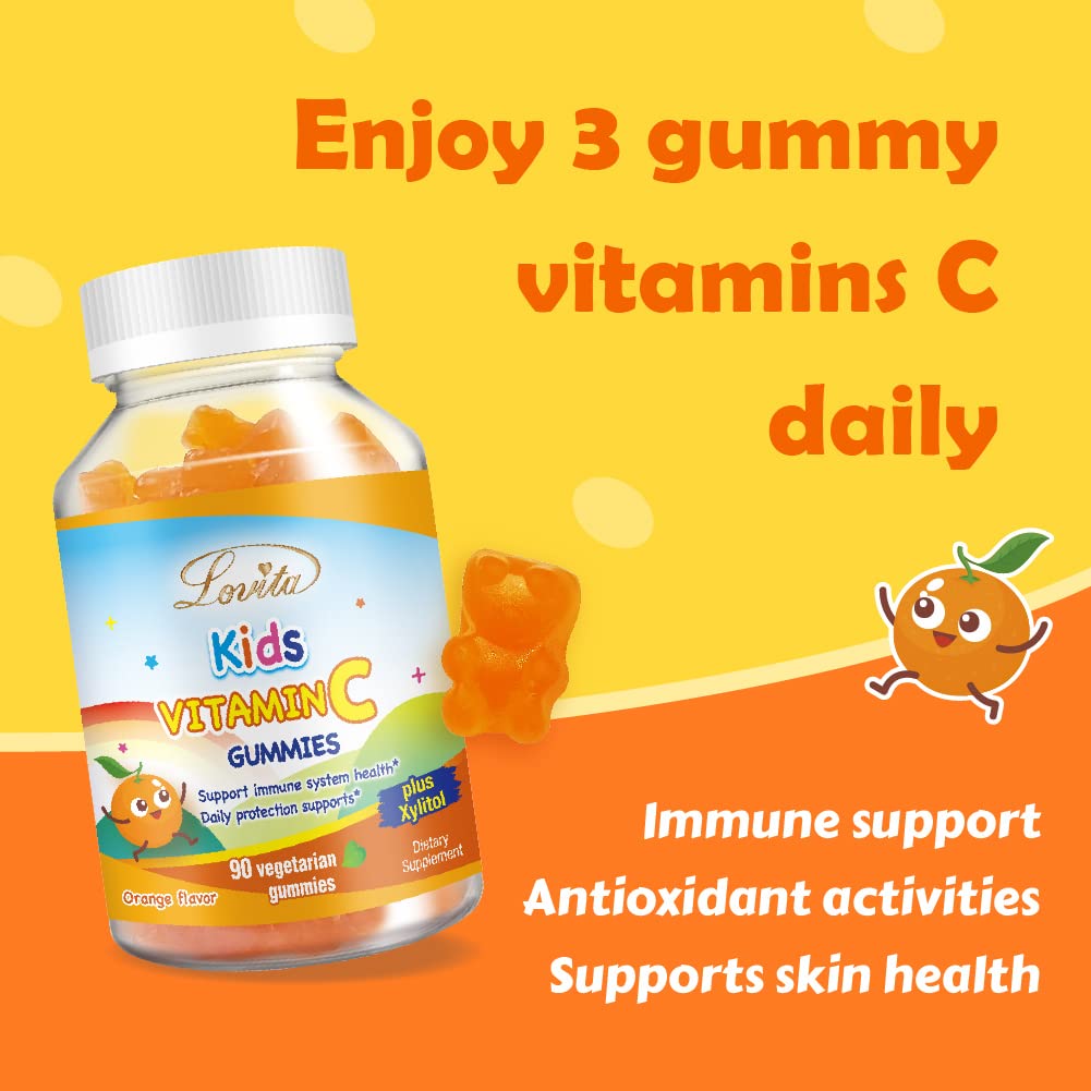 Lovita Vegan Vitamin C Gummies for Kids, Great Tasting Plant-Based Formula, Immune Function Support with Vitamin C 150mg per Daily Servings & Xylitol, Natural Orange Flavored, 90 Gummies