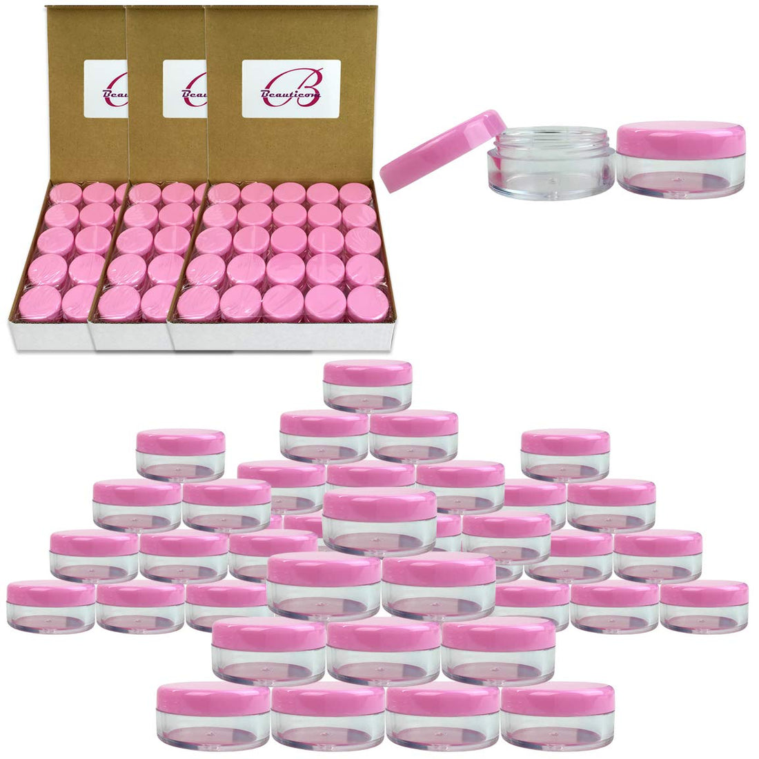 Beauticom (Quantity: 200 Pcs) 5G/5ML Round Clear Jars with Pink Lids for Cosmetics, Medication, Lab and Field Research Samples, Beauty and Health Aids