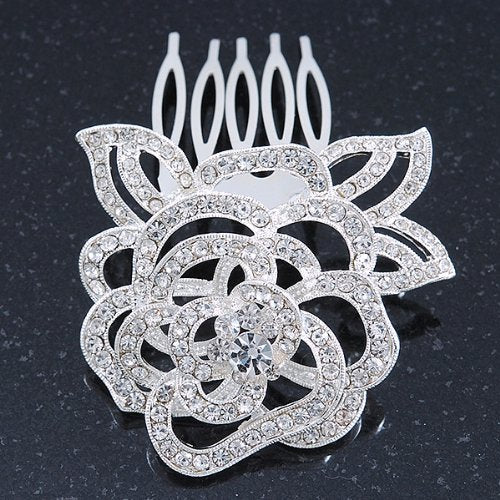 Bridal/Wedding/Prom/Party Rhodium Plated Clear Austrian Crystal Sculptured Rose Hair Comb - 55mm
