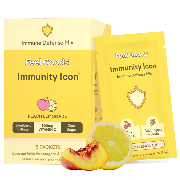 Feel Goods Immunity Icon, Zero Sugar, Vitamin C, A, B, D, E & Zinc, Organic Elderberry, Ashwagandha, Drink Mix Powder, Vegan, Non GMO, Caffeine & Gluten Free | Peach Lemonade, 15 Count