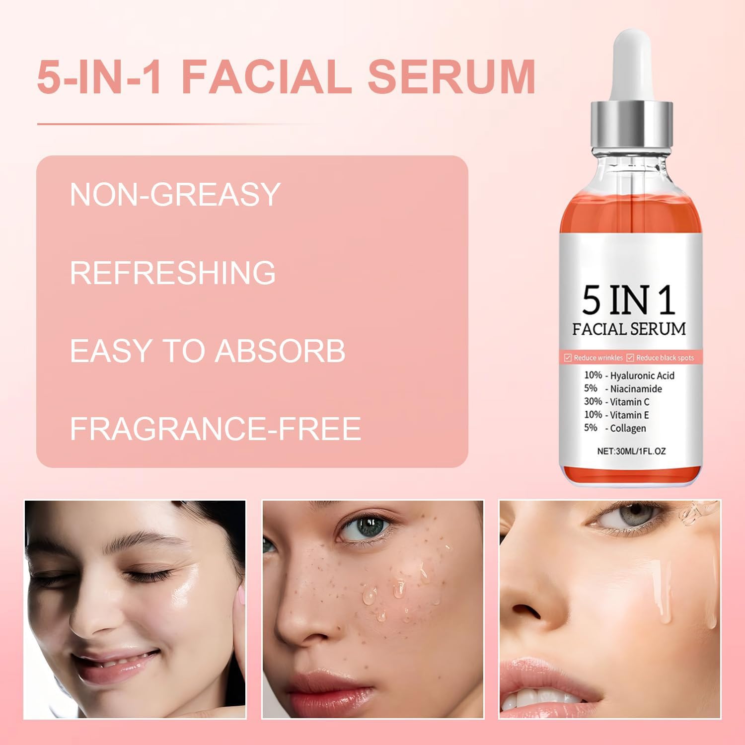 5 in 1 Facial Serum with Vitamin C, Vitamin E, Hyaluronic Acid, Niacinamide & Collagen, Vitamin C Face Serum for Women for Dull Skin & Facial Moisturizing, 1.05 Fl Oz