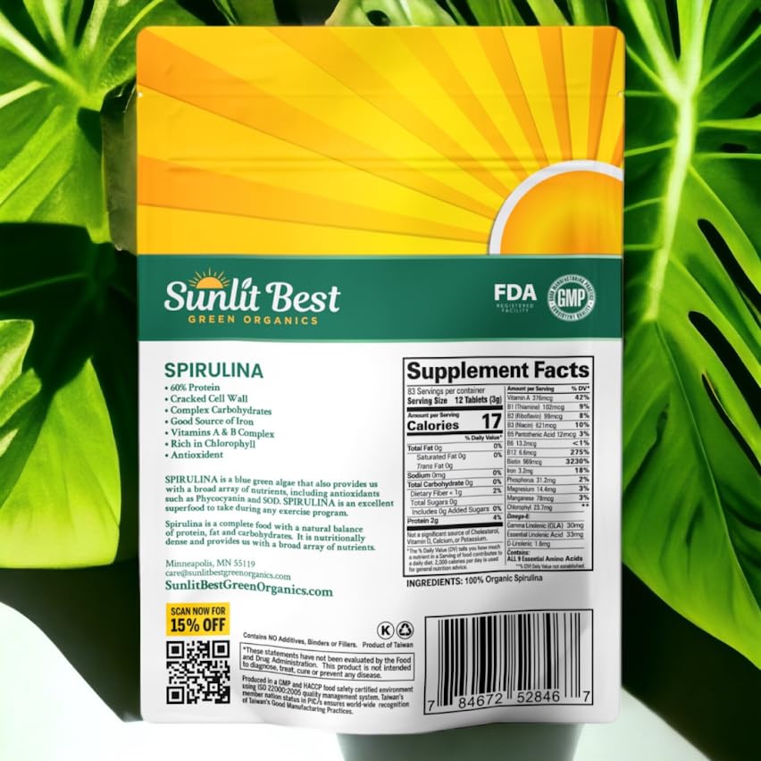 Sunlit Best - USDA Organic Spirulina Tablet - Natural Super Greens Supplements for Immune Support, Gut Health & Boost Energy Tablets with Chlorophyll, Vegan & High Protein Non GMO, 1000 Superfood Tabs