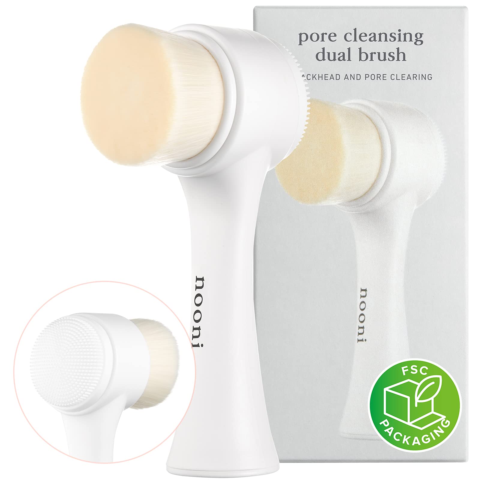 NOONI Pore Cleansing Dual Brush 3.36 ounces, Facial wash brush, Deep ore cleansing, Soft bristle cleansing brush tools, Exfoliate skin, Deep scrubbing tools, Silky and foamy cleanser, Remover makeup