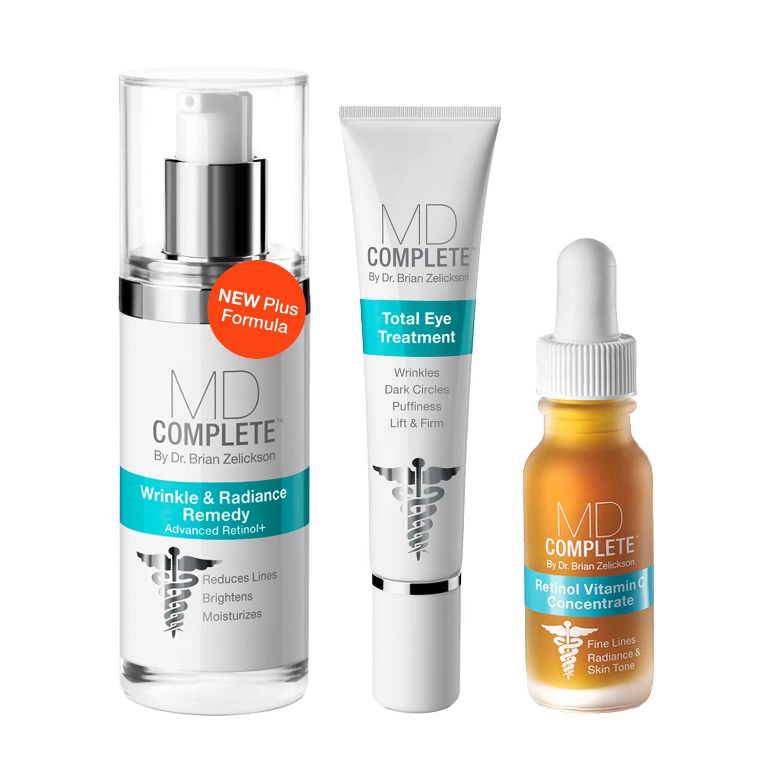MD Complete Wrinkle & Radiance Trio|Professional Dermatologist Skincare Wrinkle Radiance Remedy with Retinol 1.0 fl oz + Total Eye Treatment 0.5 fl oz + Retinol Vitamin C Concentrate Serum 0.5 fl oz