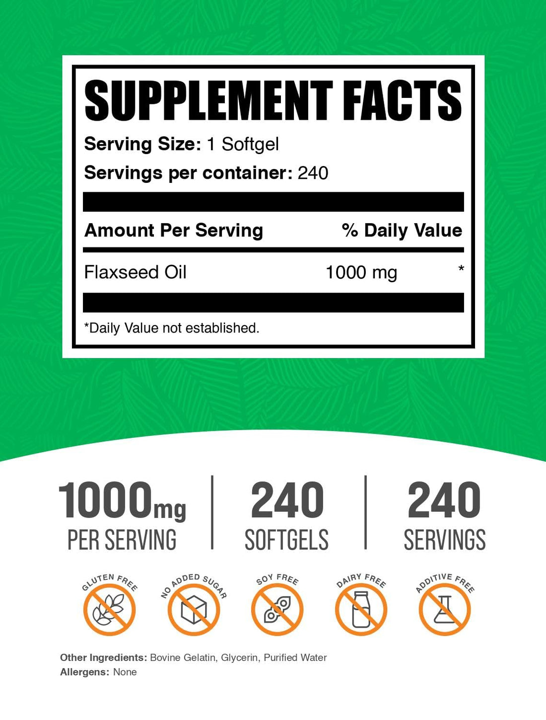 BulkSupplements.com Flaxseed Oil Softgels - Flaxseed Supplement, Flaxseed Oil 1000mg Softgels - Herbal Supplement, Gluten Free, 1 Softgel per Serving, 240 Count (Pack of 1)
