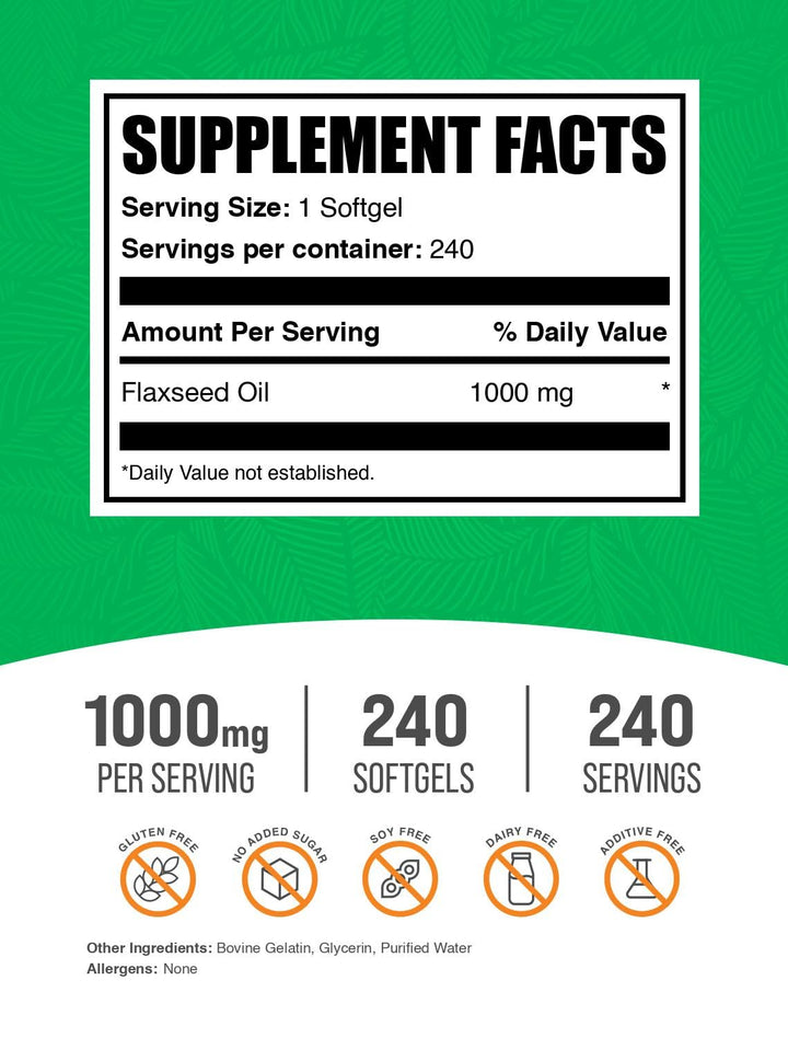 BulkSupplements.com Flaxseed Oil Softgels - Flaxseed Supplement, Flaxseed Oil 1000mg Softgels - Herbal Supplement, Gluten Free, 1 Softgel per Serving, 240 Count (Pack of 1)