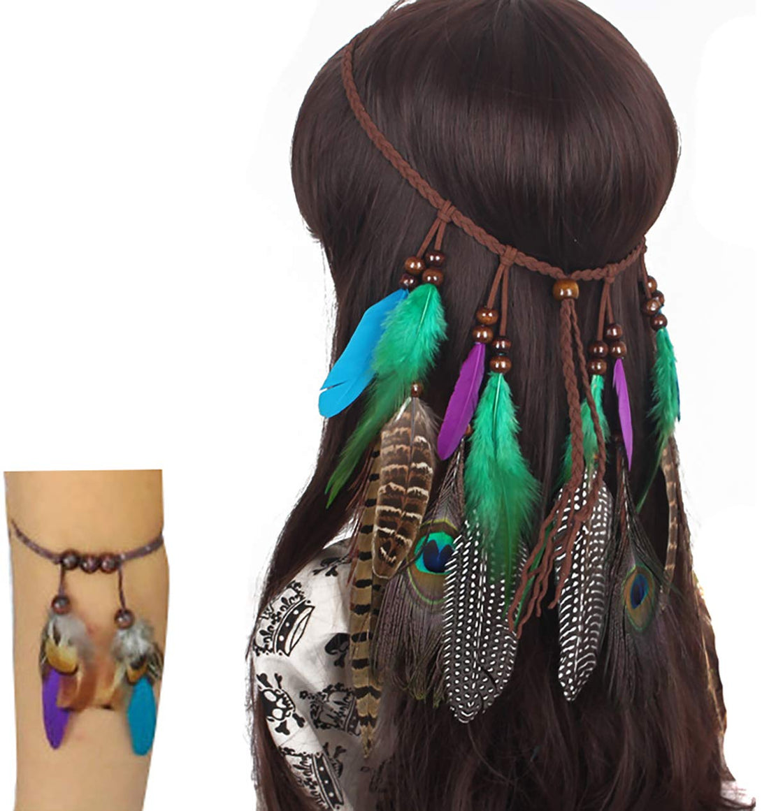 Fodattm C# : Set Of 2 Bohemian Peacock Feather Headband Headdress And Armband Hippie Headwear Headpiece Handmade Tribal Indian Fascinator Feather Hairband Hair Accessories For Girls Women
