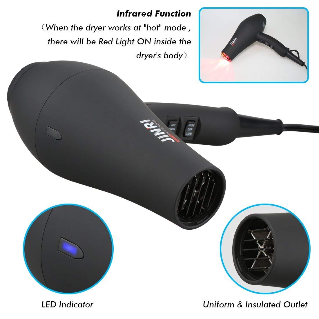 JINRI Professional Salon Hair Dryer 1875W Long Life AC Motor Negative Ionic Far Infrared Hair Dryer 2 Speeds 3 Heat Settings Cool Shot Button Hair Blow Dryer,Black