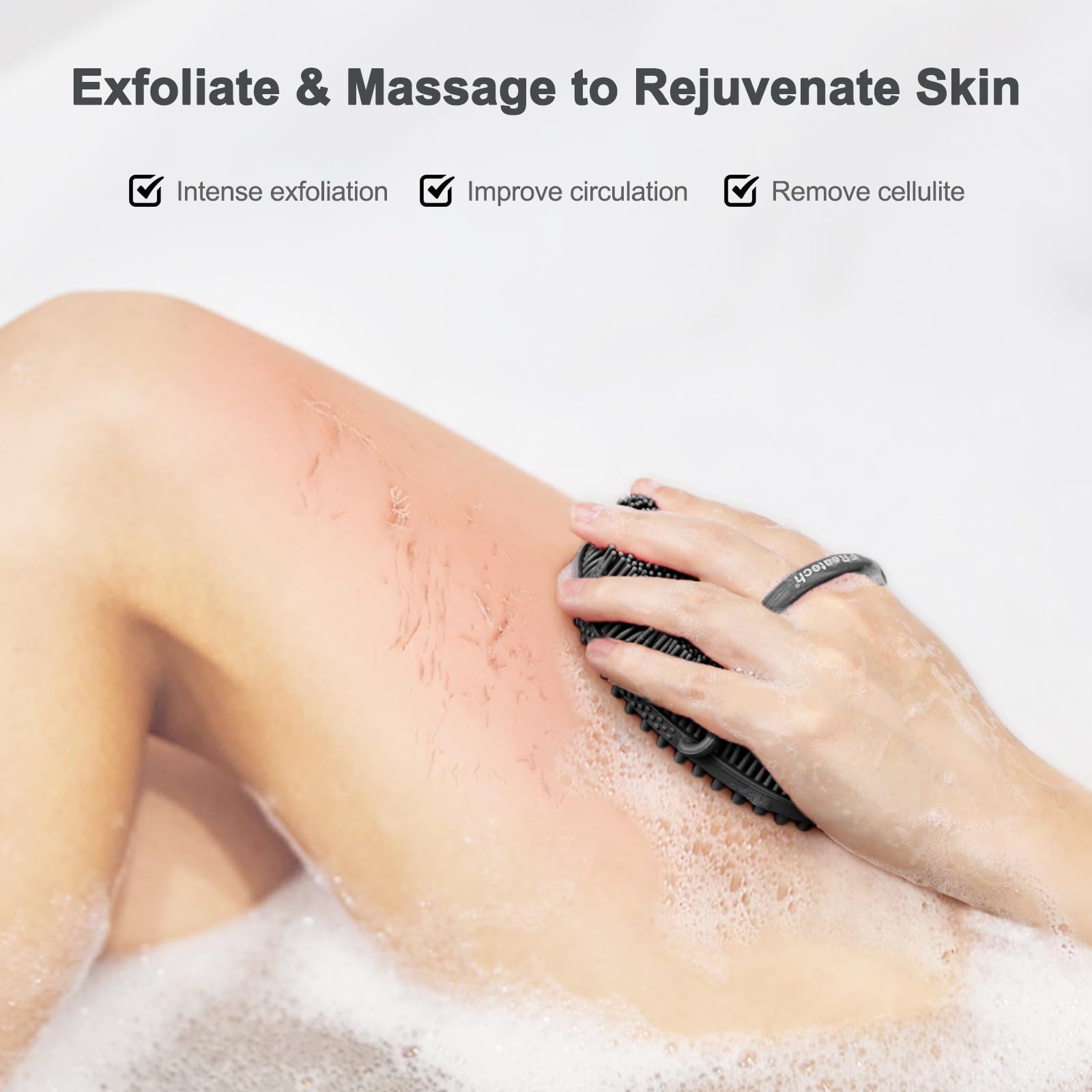 FREATECH Silicone Body Scrubber with Loop Handle, Gentle Exfoliating Body Cleansing Brush for Use in The Shower or Bath, More Hygienic Than Loofah, Easy to Clean, Long-Lasting, Black