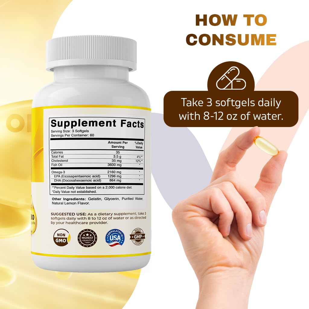 Vitamatic Triple Strength Omega 3 Fish Oil 3600mg Per Serving, 2160mg Omega 3 Fatty Acids, 1296mg EPA + 864mg DHA, Burpless Lemon Flavor, 180 Softgels