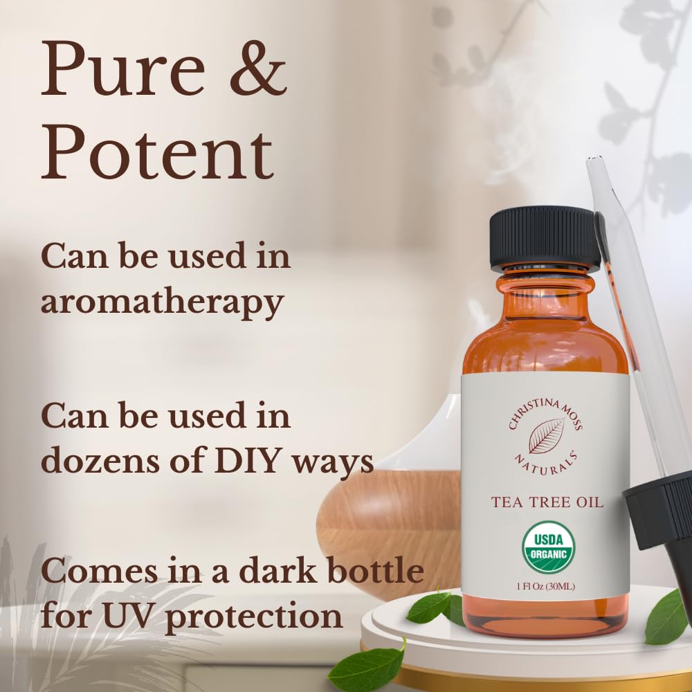 Christina Moss Naturals Organic Tea Tree Oil, USDA and QAI Certified, Hexane Free, Meleleuca Alternifolia Imported from Australia