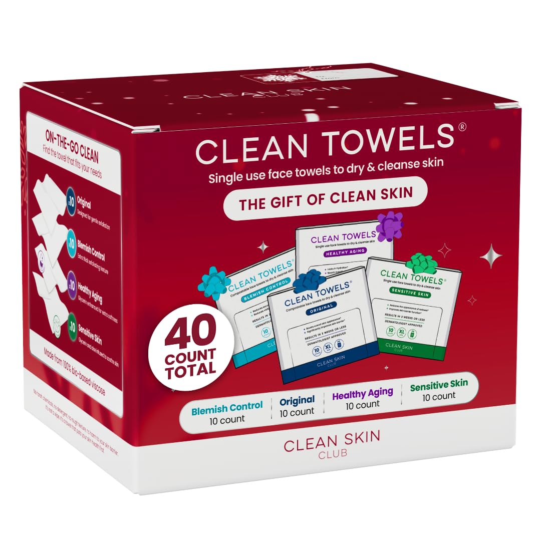 Clean Skin Club Clean Towels® XL Holiday Variety 4-Pack Gift Box – Disposable Face Towels Gift Set, Includes Original, Sensitive, Blemish Control & Healthy Aging, 40 Count Total, 10 Each