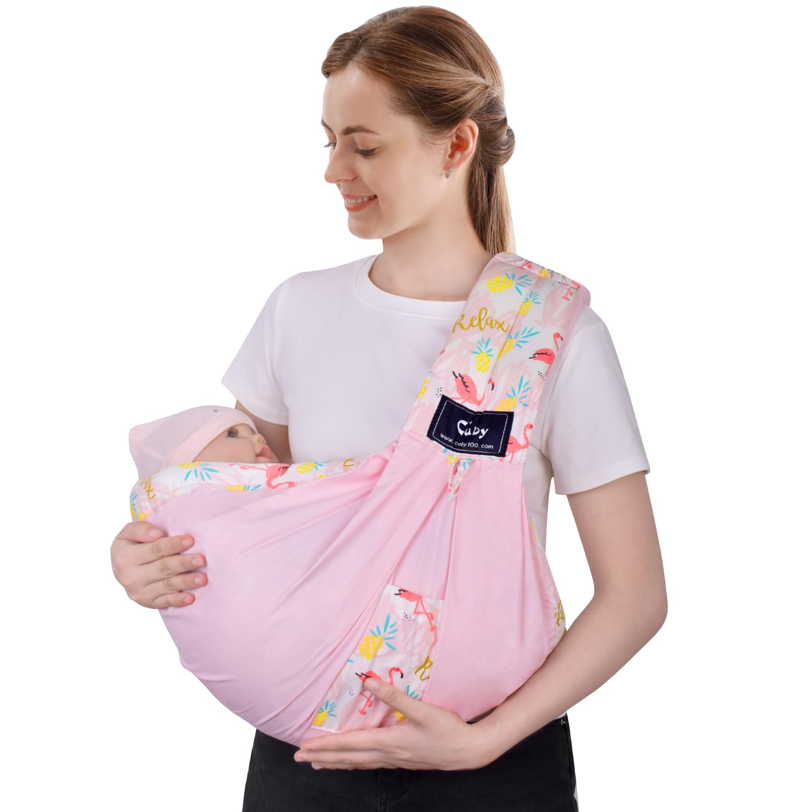 Baby Carrier by Cuby, Natural Cotton Baby Wraps Sling Baby Holder Extra Comfortable for Easy Wearing Carrying for Newborn, Soft and Adjustable Newborn and Toddler Carrier Slings (Pink Flamingo)