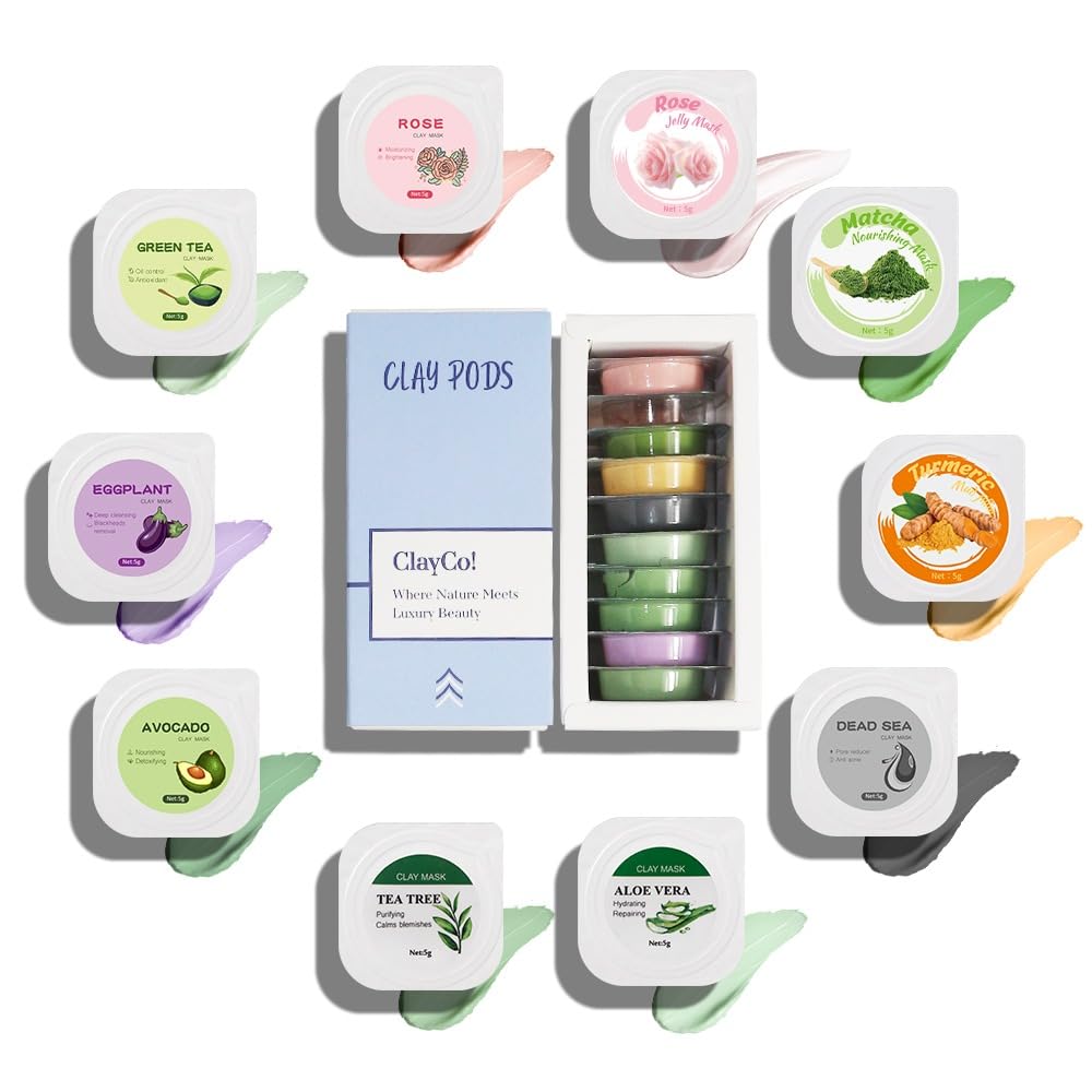 ClayCo! 10 Piece Clay Mask Variety Kit for Men & Women Facial and Skin Care, Clay Face Mask Set (Rose, Rose Jelly, Matcha, Turmeric, Dead Sea, Green Tea, Aloe Vera, Avocado, Eggplant, Tea Tree)