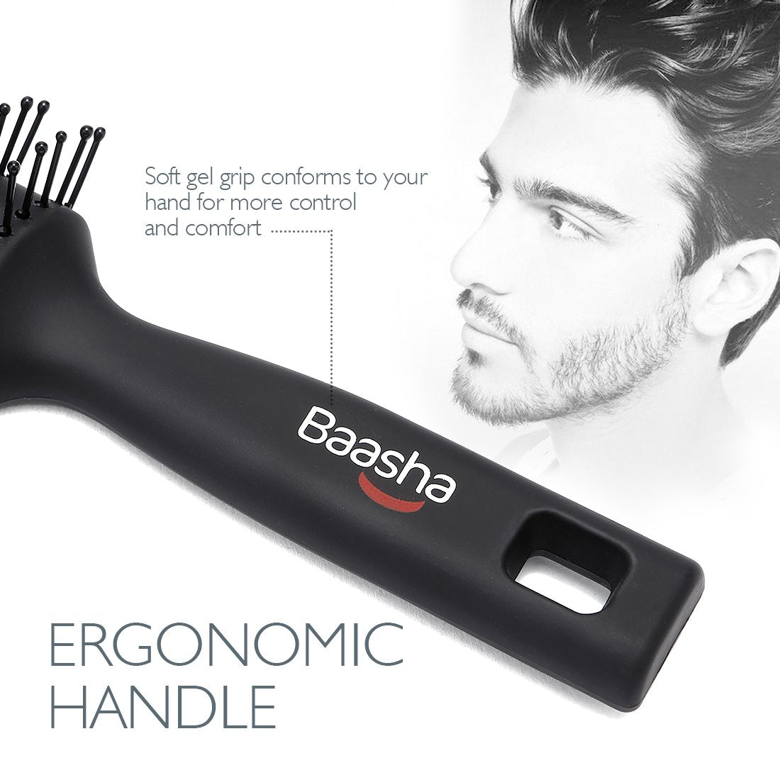 Baasha Hair Brush, Vented Brush for Blow Drying, Mens Short Hair Brush with Ball Tipped Bristles, Best for Wet or Dry Hair - Black