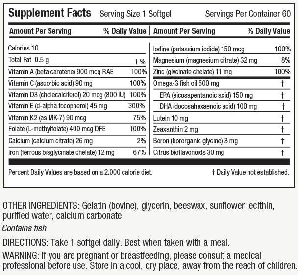 Nutri-Rich Essentials Multi | Multivitamin for Adults Softgel with Iron Nutritional Support with Lutein, Energy, K2 for Bone Health, Vitamin D3, Minerals, and Sustainable Omega-3 EPA + DHA (60 Count)