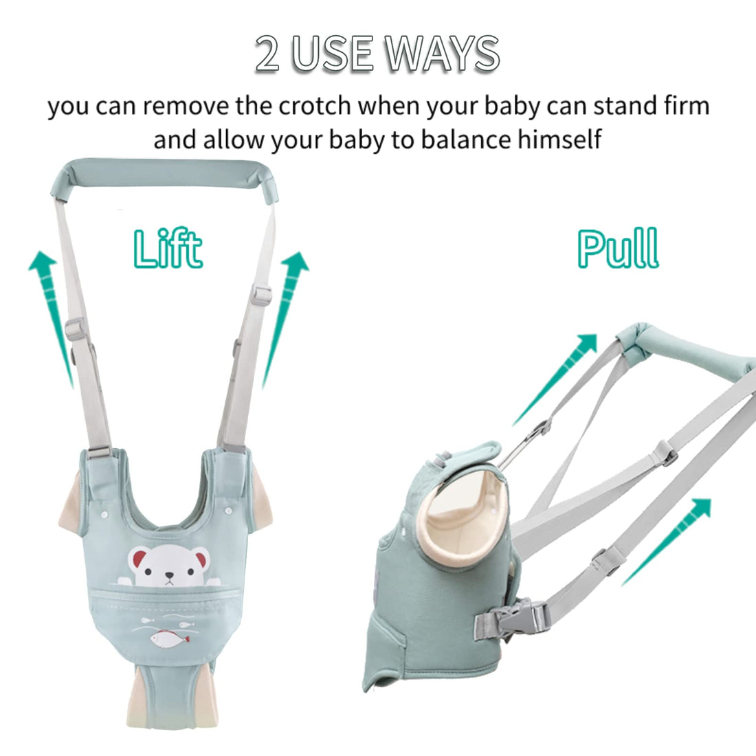 Huifen Baby Walking Harness, Handheld Kids Walker Helper with Detachable Crotch Adjustable Walker Harness Assistant Belt Baby Learning Walk Toddler Infant Walker 9-24 Months (Green)