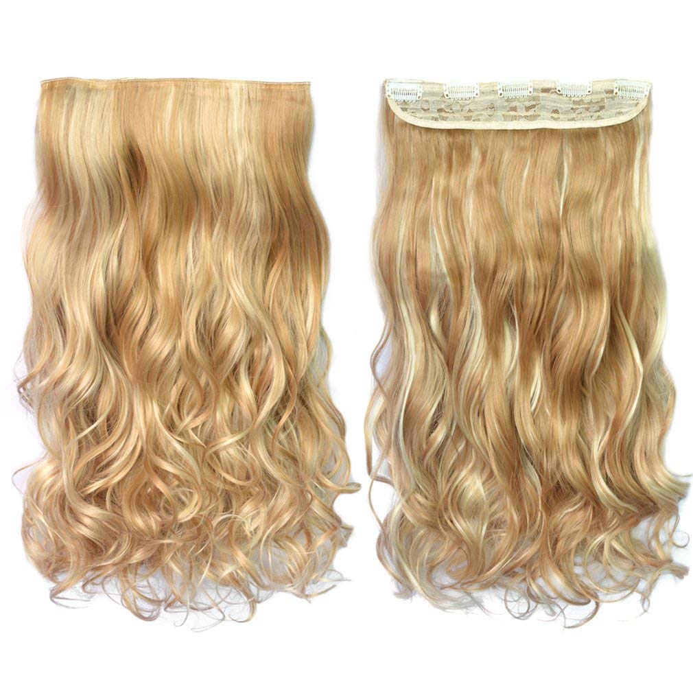 REECHO 20 1-Pack 3/4 Full Head Curly Wave Blonde Mixed Hair Color Clips in on Synthetic Hair Extensions Hairpieces for Women 5 Clips 4.6 Oz per Piece - 25H613