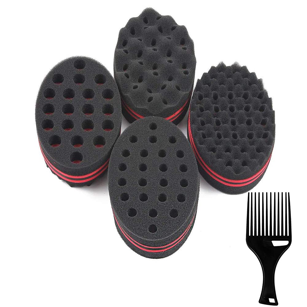 HALLO Set of 4 Big Holes Hair Brush Sponge Twist Wave Barber Tool For Dreads Afro Locs Twist Curl Black