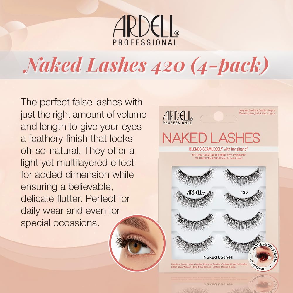 Ardell Naked Lashes 420 Multipack, Lightweight Natural Look, Invisiband for Comfort, Perfect for Everyday Wear, 4-Pairs, 1-Pack