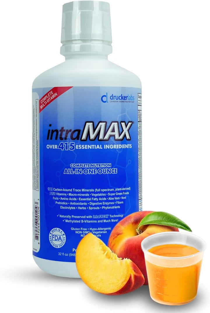 Drucker Labs - IntraMAX 2.0 Organic Liquid Trace Minerals, Liquid Multivitamin, for Men and Women, Non GMO, Dairy Free, Gluten Free, Magnesium, Vitamin D, C E, Zinc, Vitamin E (32 oz., Peach Mango)