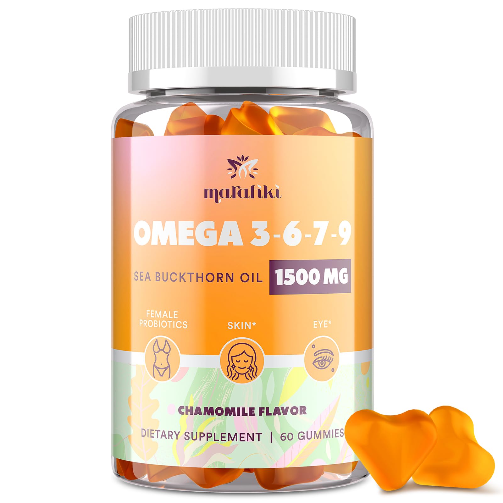 Omega 3 6 7 9 Gummies for Women - Omega 3 Supplement with Sea Buckthorn Oil, Flaxseed Oil, Evening Primrose Oil, Vitamins E, A & Probiotics - Skin, Eye & Dryness, Chamomile Flavor - 60 Gummies