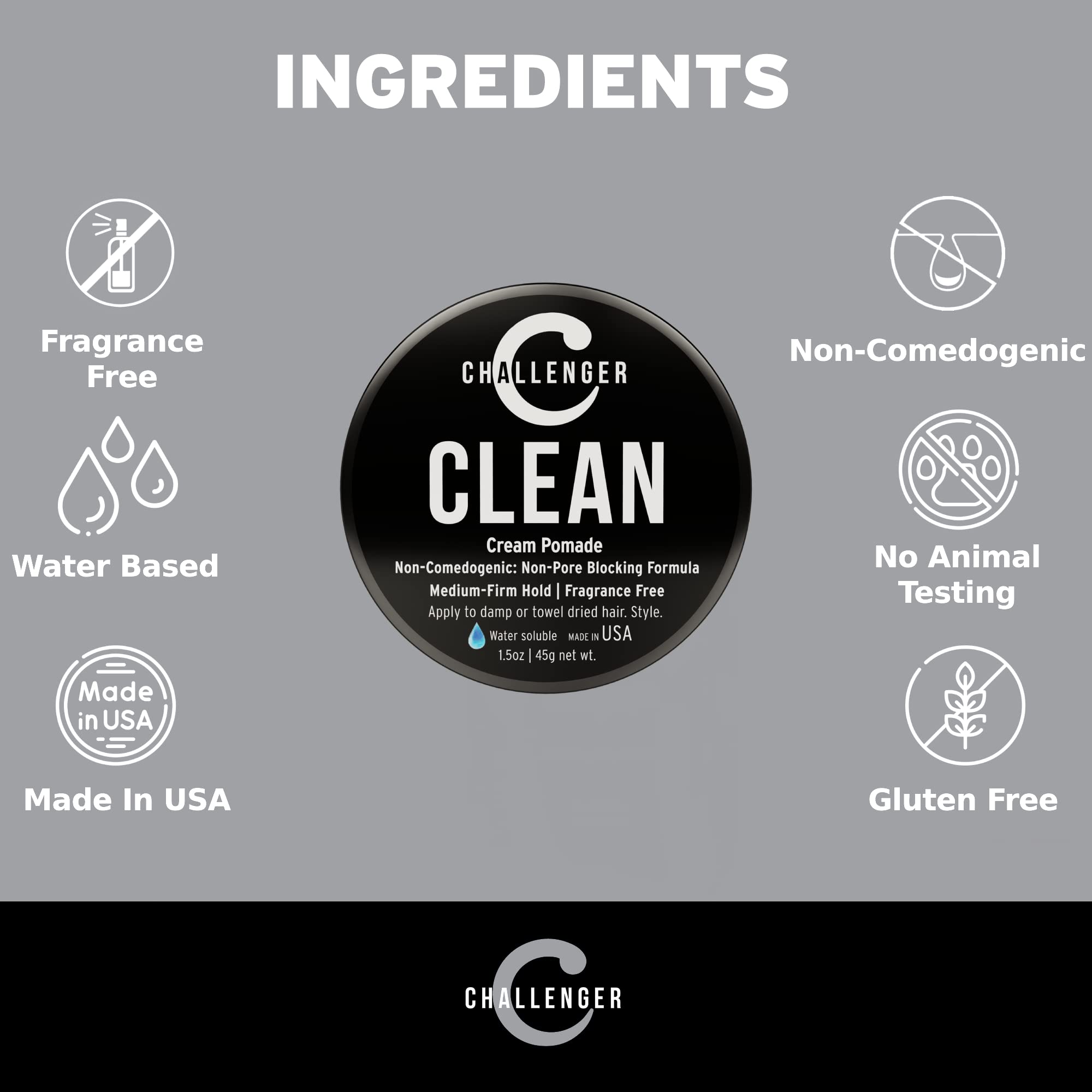 New Matte Cream Pomade - Non-Comedogenic, Fragrance Free - Challenger Clean 3oz - Medium Firm Hold - Non-Pore Blocking, Shine Free, Water Based, Travel Friendly. Hair Wax, Fiber, Paste in 1 (1.5OZ)