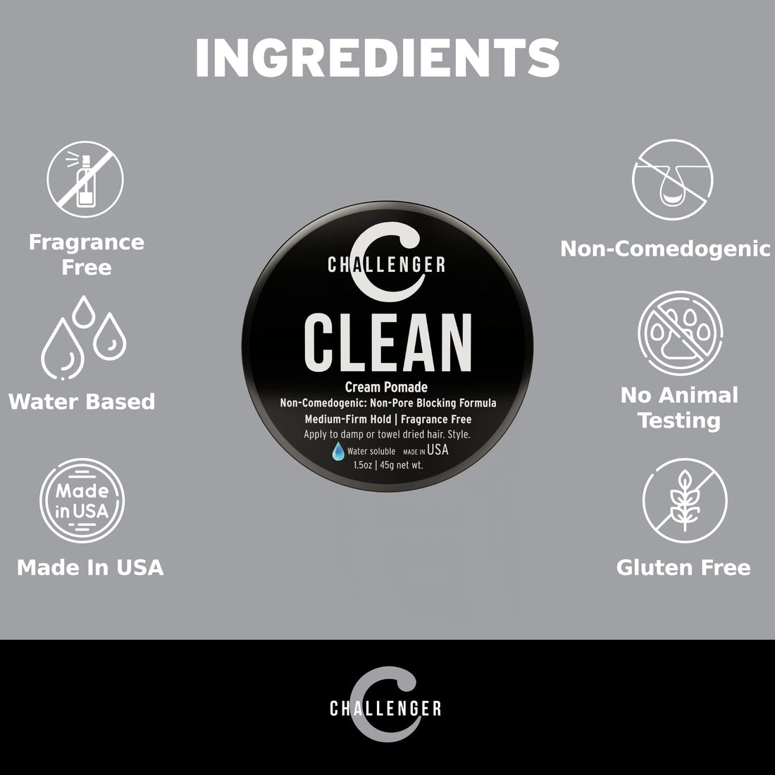 New Matte Cream Pomade - Non-Comedogenic, Fragrance Free - Challenger Clean 3oz - Medium Firm Hold - Non-Pore Blocking, Shine Free, Water Based, Travel Friendly. Hair Wax, Fiber, Paste in 1 (1.5OZ)