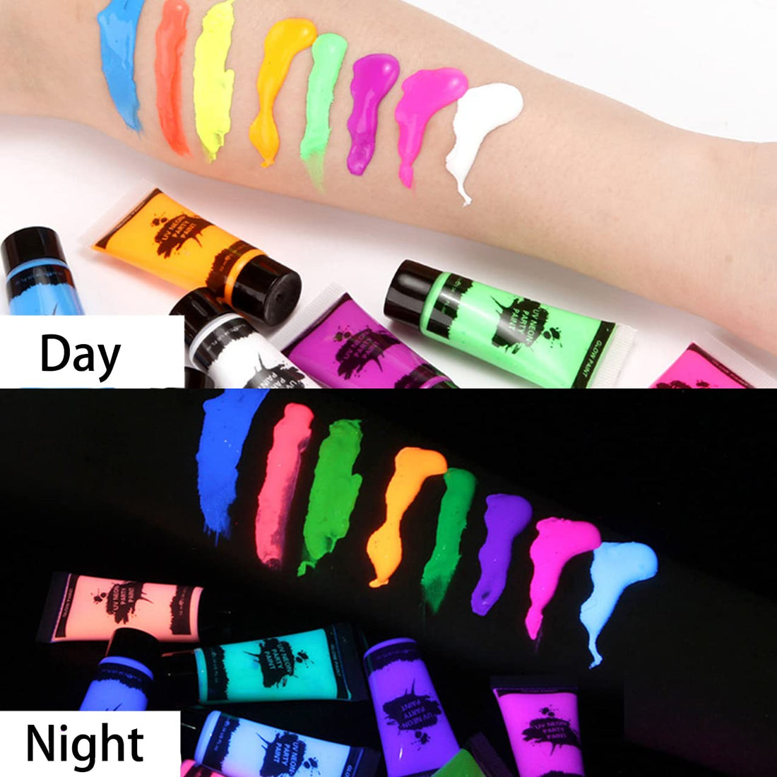 UV Blacklight Neon Face Body Paint, MEICOLY 8 Tubes Blacklight Reactive Paints,Water Based, Washable, Non-Toxic Neon Party Supplies for Halloween,02