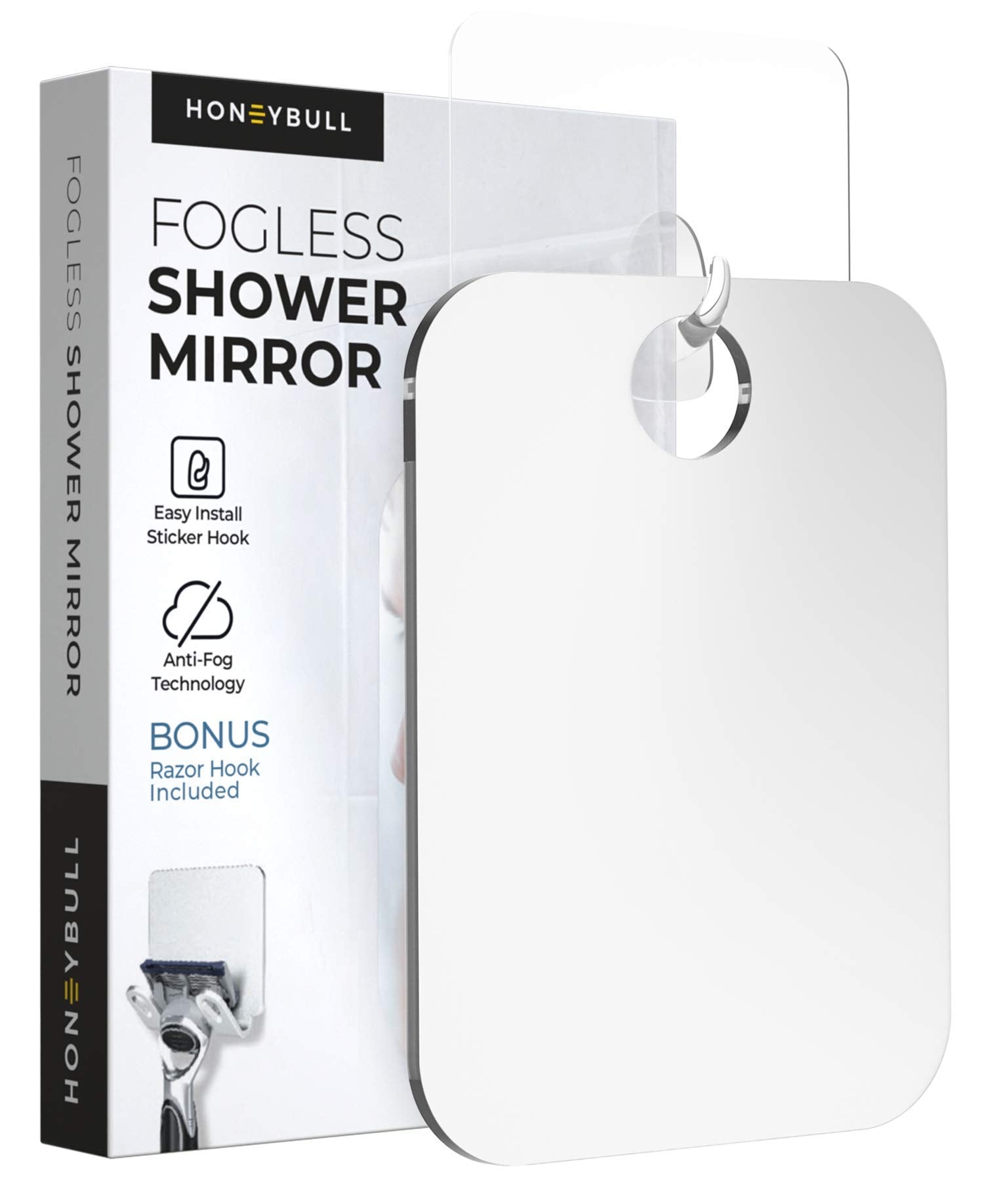 HONEYBULL Small 4x6in Wall Mount Home Mirror - Fogless Shower Shaving, Anti Fog, Razor Holder, Bathroom Accessories, Plastic, White, Travel