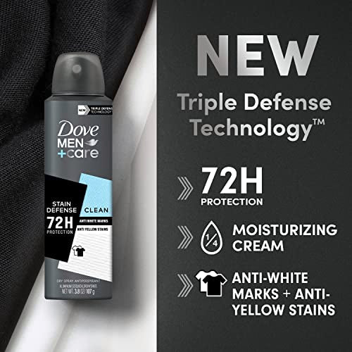 Dove Men+Care Antiperspirant Deodorant Stain Defense Clean Dry Spray For Men Anti-White Marks & Yellow Stains, 72-hour Sweat and Odor Protection with Triple Defense Technology 3.8 oz