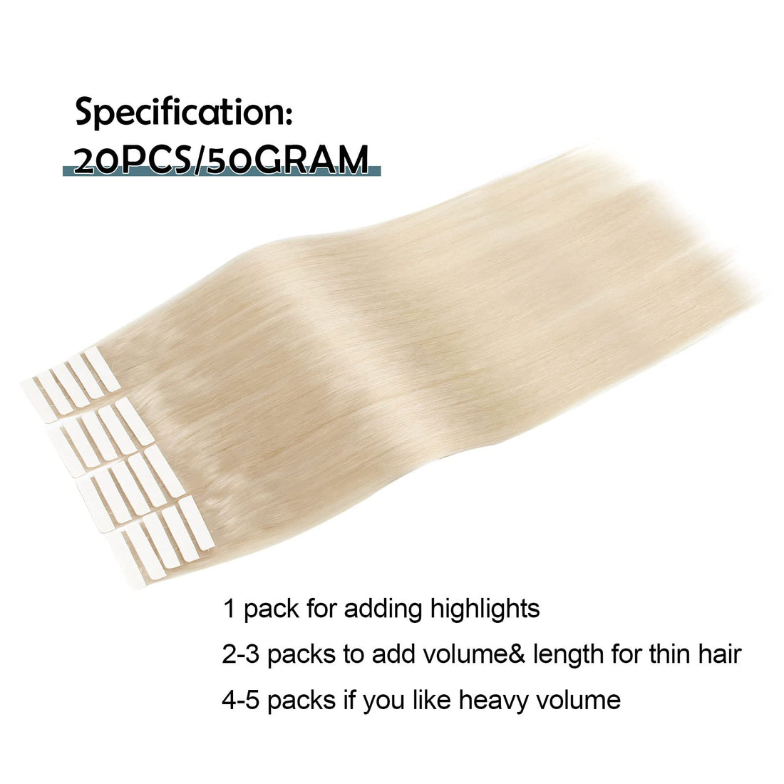 Sassina 8A Grade 20inch Platinum Ash Blonde Color Tape in Hair Extension With Double Side Seamless Reusable Glue in Skin Weft 20Pcs 50g/set (60# 20) : 20 inch, Platinum Ash Blonde